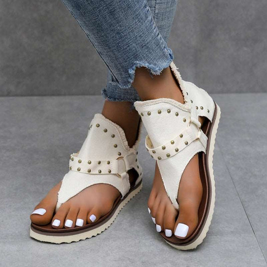 Summer New Style Rivet Sandals Womens Fashion Zipper Flat Retro Flip-flops Comfortable Clip-toe Beach Sandalias for Women