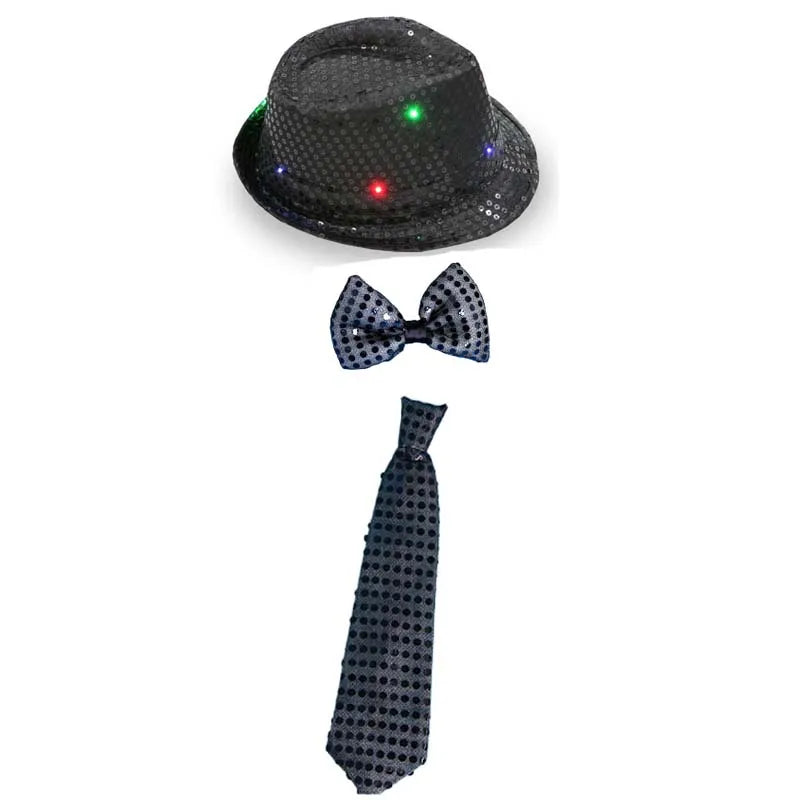 Kids Adult LED Light Up Tie Sequin Jazz Fedora Hat Flashing Neon Party Gift Costume Cap Birthday Wedding Halloween Christmas