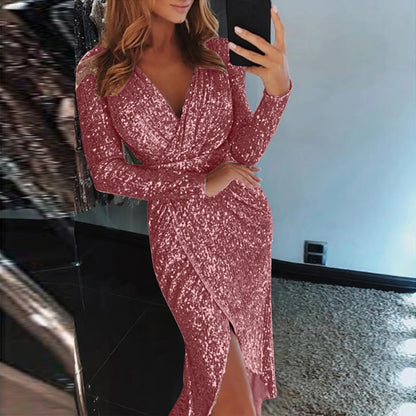 Womens Party Dresses 2024 Sexy Deep V Sequins Wrap Ruched Long Sleeved Formal Dress Nightclub Vestidos For Women Temperament