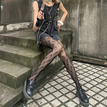Lolita Cute Pentacle Print Tights Women Sexy Gothic Punk Magical Five-Pointed Star Mesh Fish Net Pantyhose Body Stockings