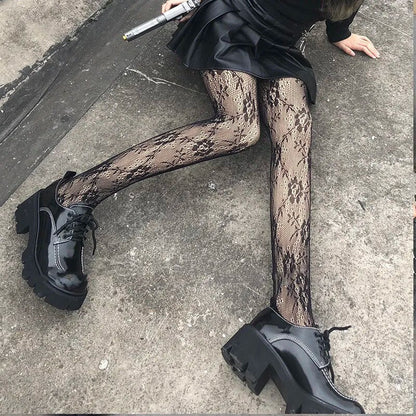 Classic Lolita Hollowed Out Lace Mesh Stockings Bottomed Pantyhose Women Gothic Punk Retro Spider Web Tights