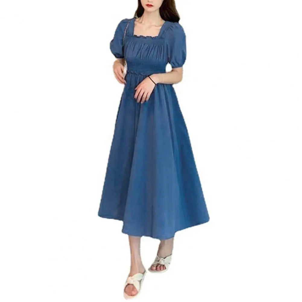 Women Summer Dress Square Neck Bubble Sleeve Shirring Elastic Bust A-line Dress Loose Hem Vintage Mic-calf Length Midi Dress