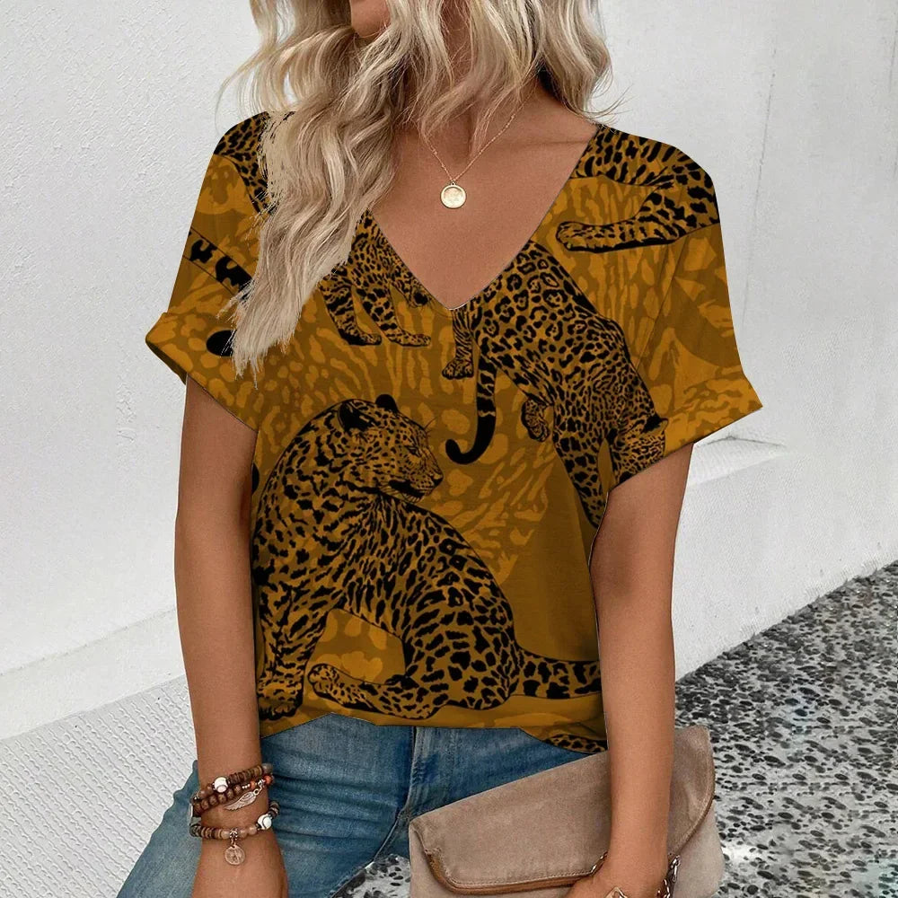 Summer clothing V-neck sexy leopard print T-shirt animal pattern women's shirt short sleeve street Korean style women's clothing
