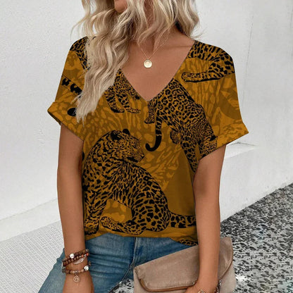 Summer clothing V-neck sexy leopard print T-shirt animal pattern women's shirt short sleeve street Korean style women's clothing