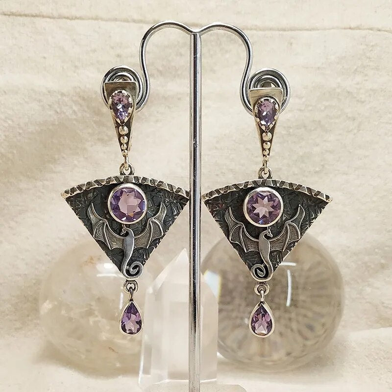 Vintage Exaggerated Dragon Gothic Punk Metal Earrings Ethnic Faux Pink Stone Pendant Earrings Jewelry