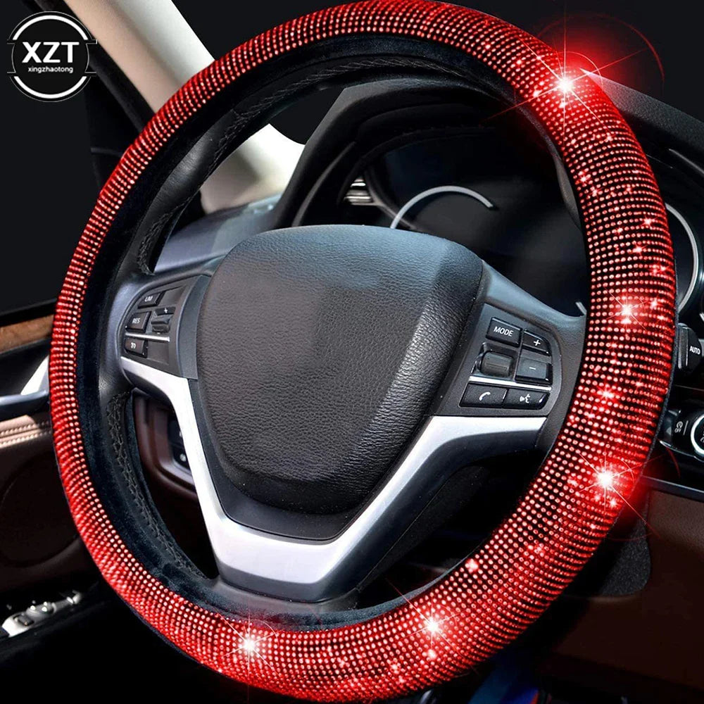 Universal 38CM Rhinestones Steering Wheel Cover with Crystal Diamond Sparkling Car Breathable Anti-Slip Steering Wheel Protector