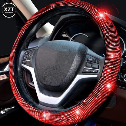 Universal 38CM Rhinestones Steering Wheel Cover with Crystal Diamond Sparkling Car Breathable Anti-Slip Steering Wheel Protector