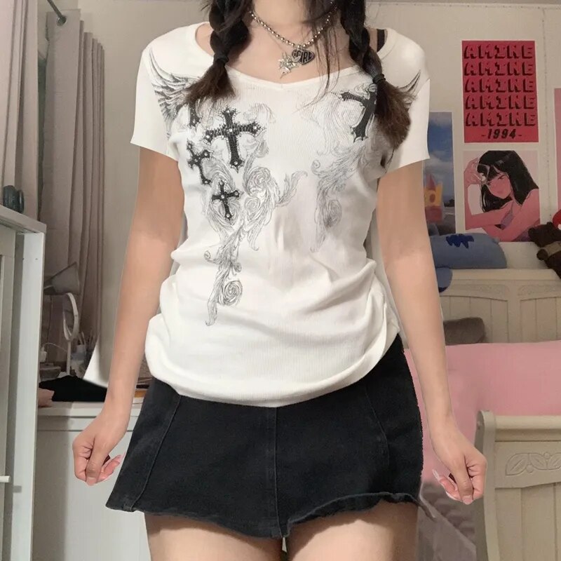 E Girl Graphic Short Sleeve Tops Gothic Skulls Print T Shirt Tees Harajuku Grunge Vintage Pullovers Y2K Retro Mall Goth Clothes