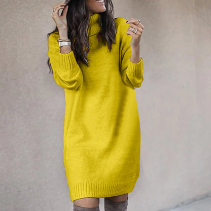 Women Fahsion Sweater Dress Autumn Solid Color Long Sleeve Turtleneck Pullover Mini Dresses Elegant Lady Knitted Party Vestidos