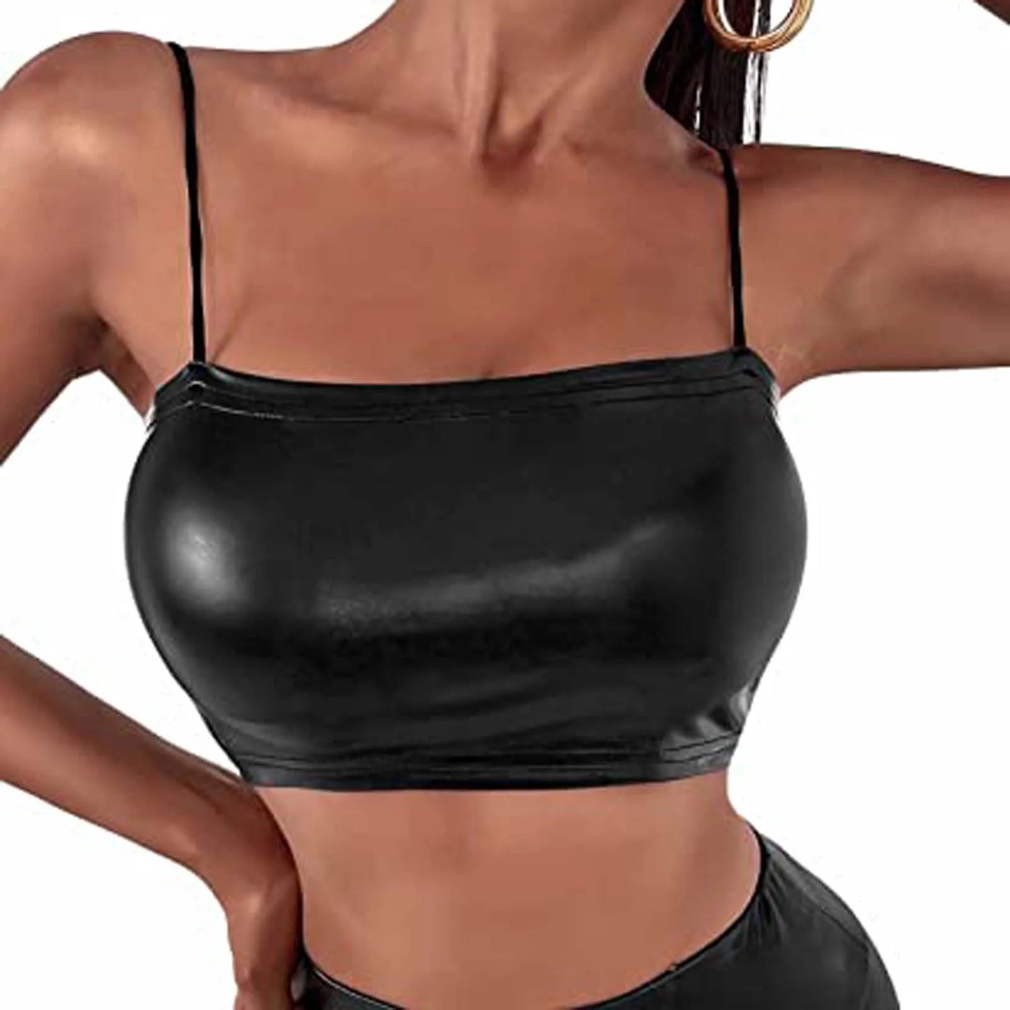 Women Sexy Black Latex Leather Crop Top Solid Spaghetti Strap Tank Tops Ladies Vest Summer Fashion Backless Bodycon Vest Top
