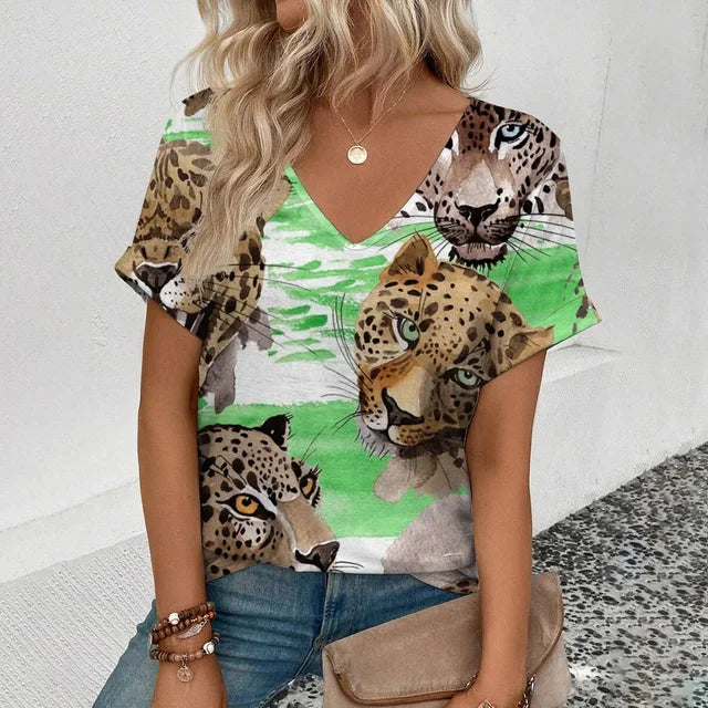 Summer clothing V-neck sexy leopard print T-shirt animal pattern women's shirt short sleeve street Korean style women's clothing