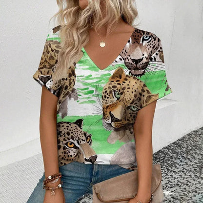 Summer clothing V-neck sexy leopard print T-shirt animal pattern women's shirt short sleeve street Korean style women's clothing