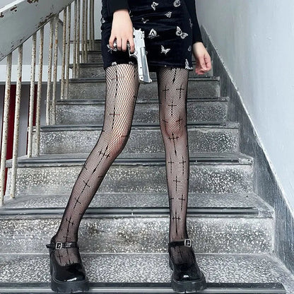 Lolita Cute Pentacle Print Tights Women Sexy Gothic Punk Magical Five-Pointed Star Mesh Fish Net Pantyhose Body Stockings
