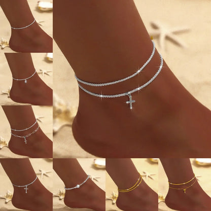 Summer Shiny Sparkling Simple Silver Color Anklet Zircon Cross Love Pearl Double Layer Bracelet On Leg Foot Trendy Beach Jewelry