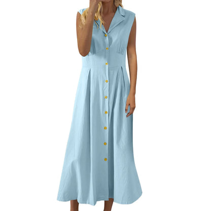 Casual Loose Sleeveless Shirt Dress Solid Color Button Cotton Linen Blend Dress Elegant Vacation Holiday Dresses платье женское