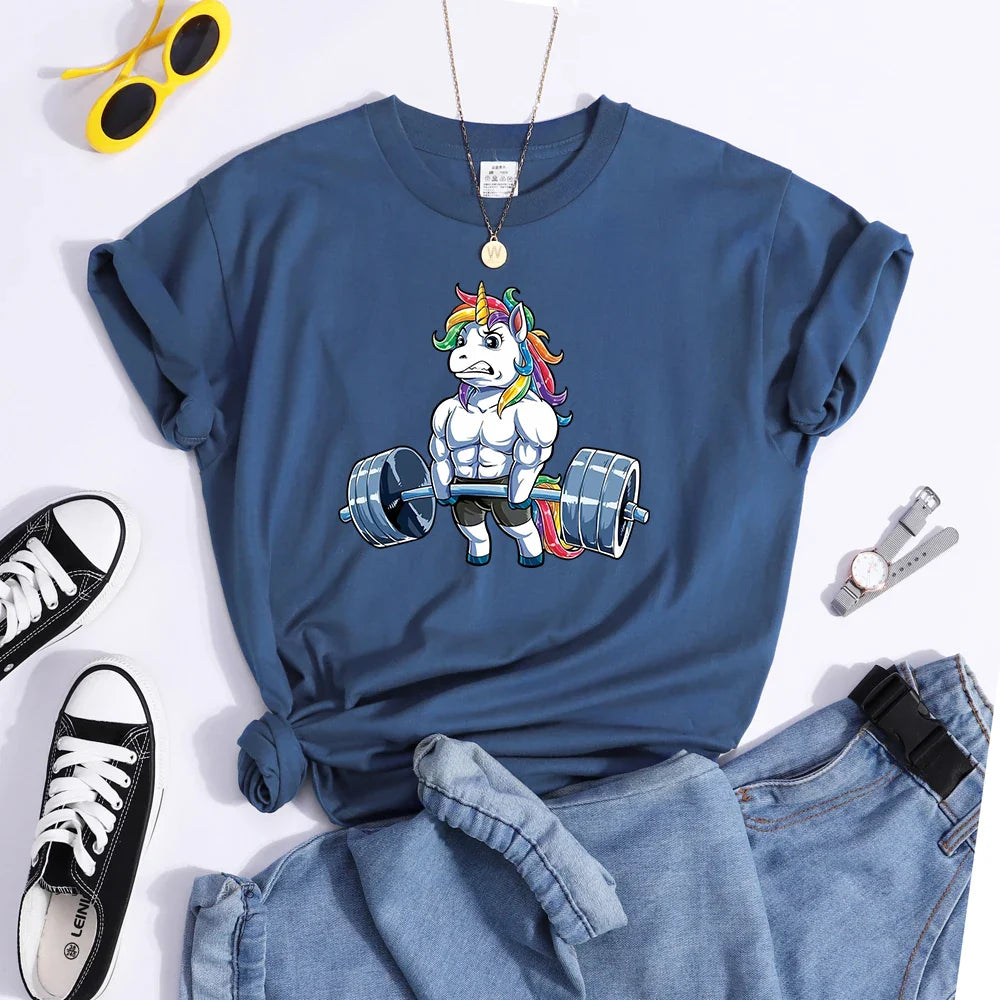 Funny Gym Unicorn Fitness Cute Prints Women T-shirt Summer Casual Short Sleeve Street Loose Breathable Tee Clothes