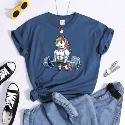 Funny Gym Unicorn Fitness Cute Prints Women T-shirt Summer Casual Short Sleeve Street Loose Breathable Tee Clothes