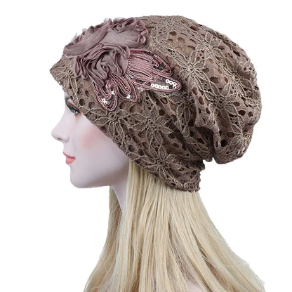 Spring Autumn Hat For Women Beanies Fashion Lace Flower Cap Elasticity Knit Beanie Hats Turban Female Casual Caps Gorros
