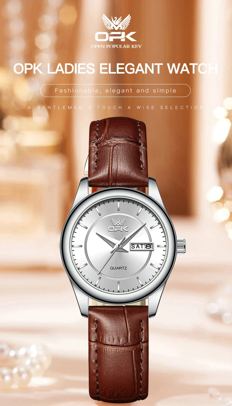 OPK 6022 Women's Watches Elegant Fashion Small Quartz Wristwatch for Ladies Waterproof  Leather Strap Dual Calendar Display
