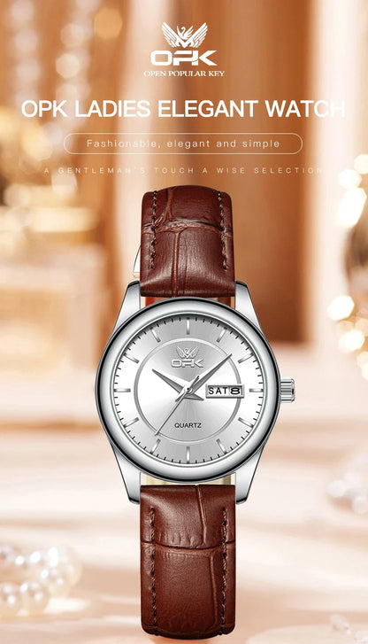 OPK 6022 Women's Watches Elegant Fashion Small Quartz Wristwatch for Ladies Waterproof  Leather Strap Dual Calendar Display