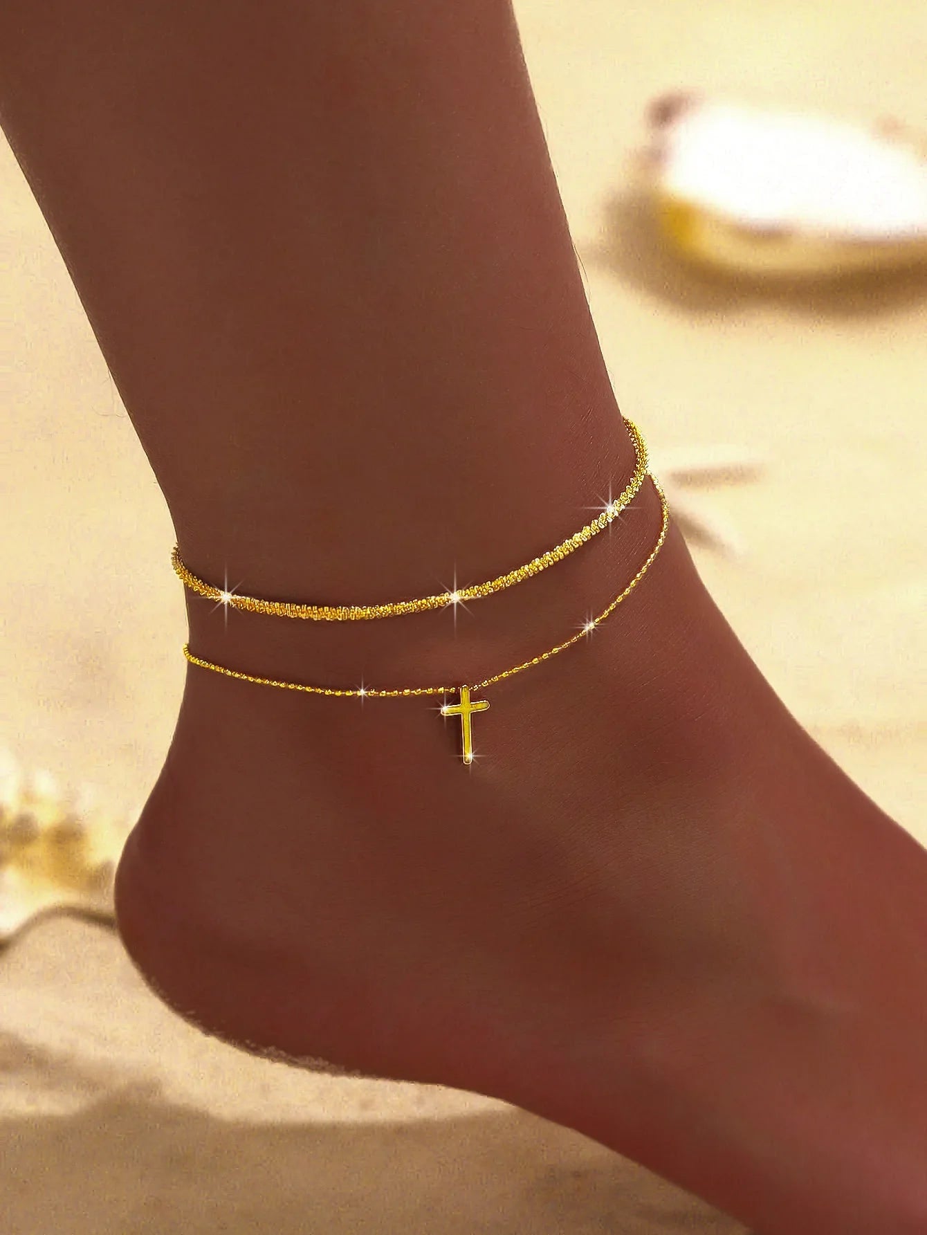 Summer Shiny Sparkling Simple Silver Color Anklet Zircon Cross Love Pearl Double Layer Bracelet On Leg Foot Trendy Beach Jewelry