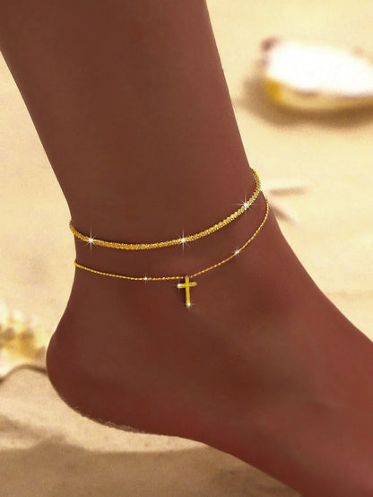 Summer Shiny Sparkling Simple Silver Color Anklet Zircon Cross Love Pearl Double Layer Bracelet On Leg Foot Trendy Beach Jewelry