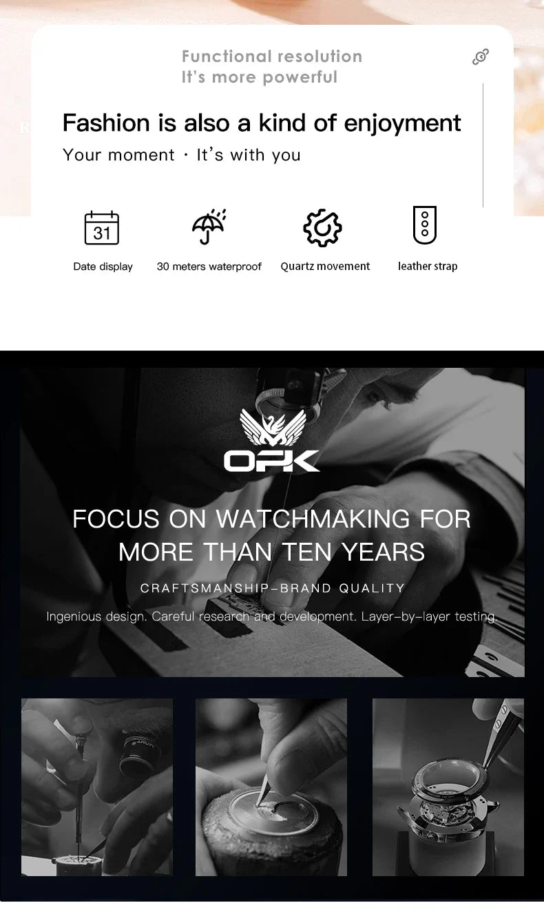 OPK 6022 Women's Watches Elegant Fashion Small Quartz Wristwatch for Ladies Waterproof  Leather Strap Dual Calendar Display