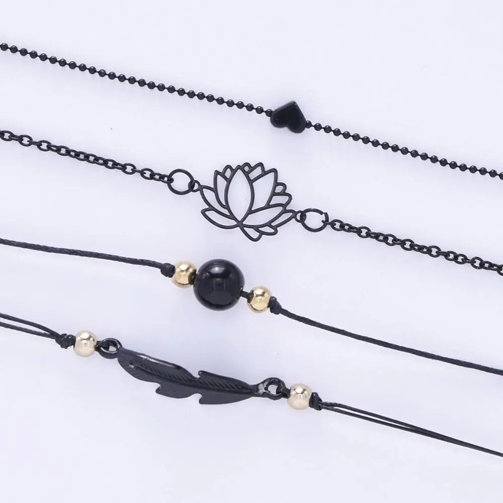 4pcs Bracelet Set Ladies Dark Wind Alloy Spray Paint Leaves Lotus Flower Peach Heart Accessories Combination Jewelry
