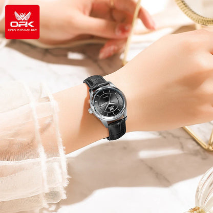 OPK 6022 Women's Watches Elegant Fashion Small Quartz Wristwatch for Ladies Waterproof  Leather Strap Dual Calendar Display