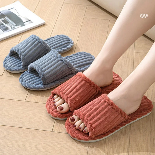 Women's Home Slippers Autumn Winter Corduroy Flip Flops Indoor Warm Solid Color Concise EVA Anti Slip Living Room Shoes