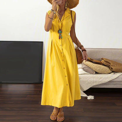 Casual Loose Sleeveless Shirt Dress Solid Color Button Cotton Linen Blend Dress Elegant Vacation Holiday Dresses платье женское