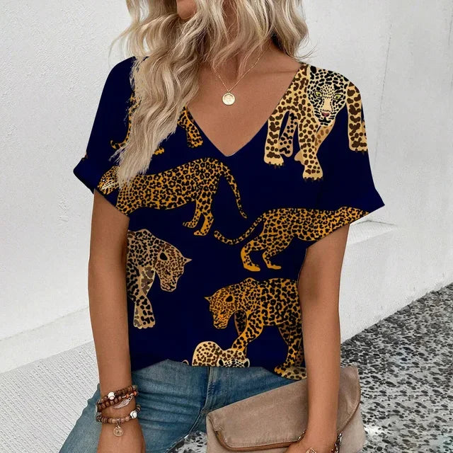 Summer clothing V-neck sexy leopard print T-shirt animal pattern women's shirt short sleeve street Korean style women's clothing