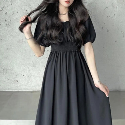 Women Summer Dress Square Neck Bubble Sleeve Shirring Elastic Bust A-line Dress Loose Hem Vintage Mic-calf Length Midi Dress