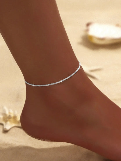 Summer Shiny Sparkling Simple Silver Color Anklet Zircon Cross Love Pearl Double Layer Bracelet On Leg Foot Trendy Beach Jewelry
