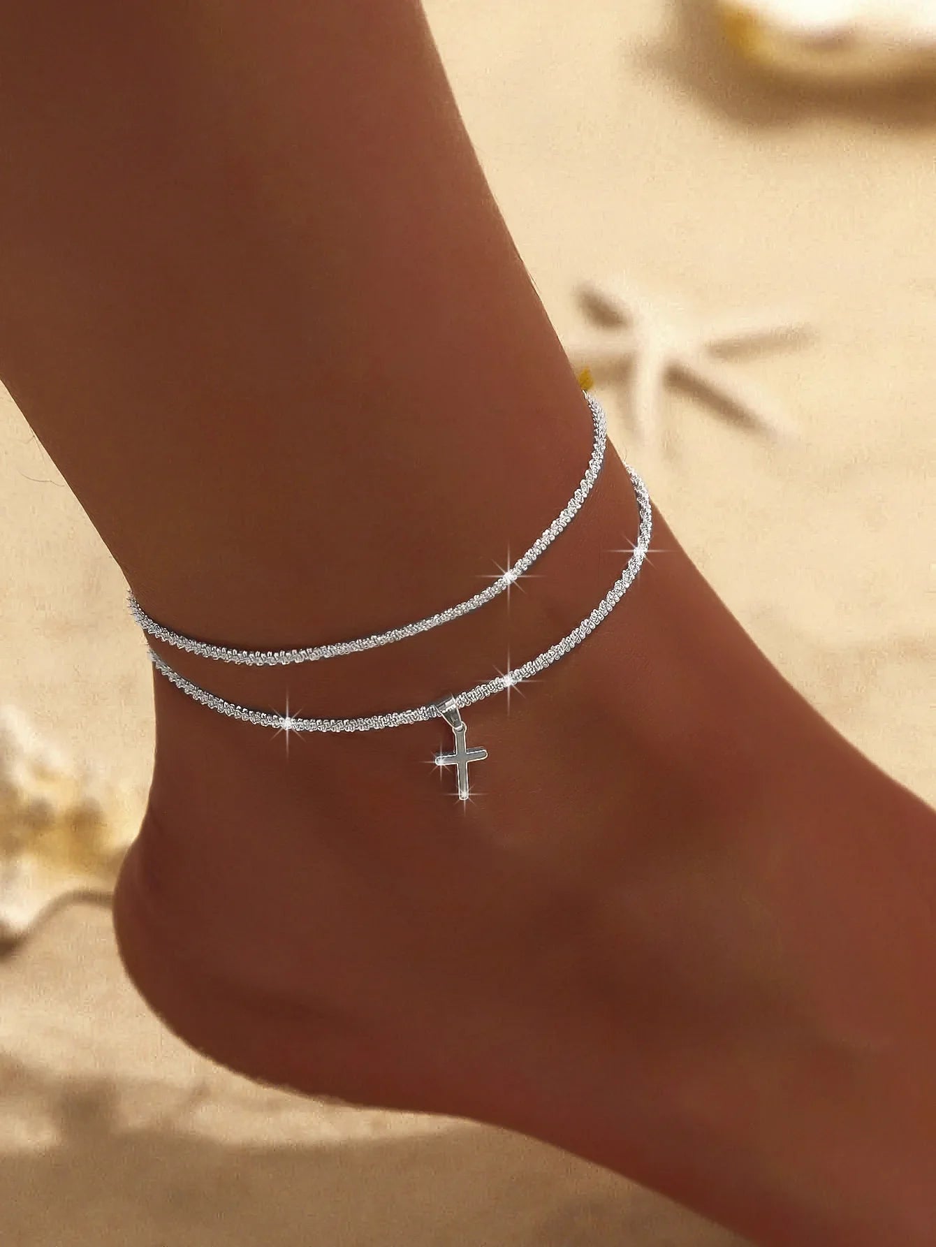 Summer Shiny Sparkling Simple Silver Color Anklet Zircon Cross Love Pearl Double Layer Bracelet On Leg Foot Trendy Beach Jewelry