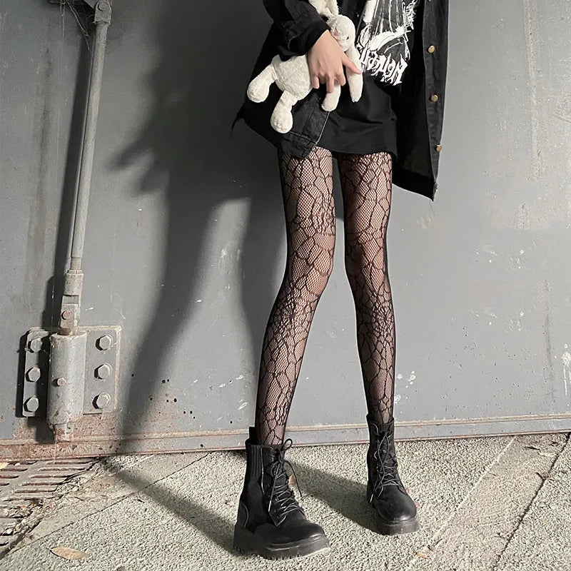 Classic Lolita Hollowed Out Lace Mesh Stockings Bottomed Pantyhose Women Gothic Punk Retro Spider Web Tights