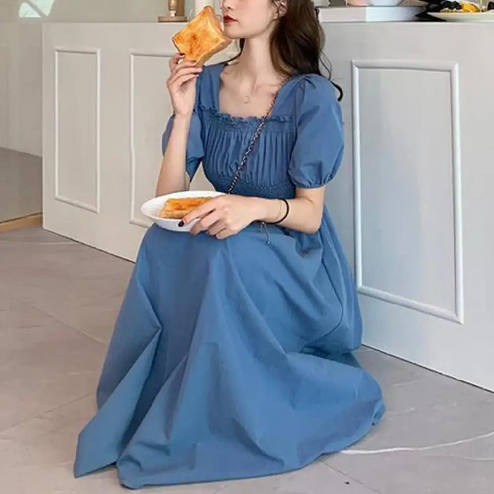 Women Summer Dress Square Neck Bubble Sleeve Shirring Elastic Bust A-line Dress Loose Hem Vintage Mic-calf Length Midi Dress