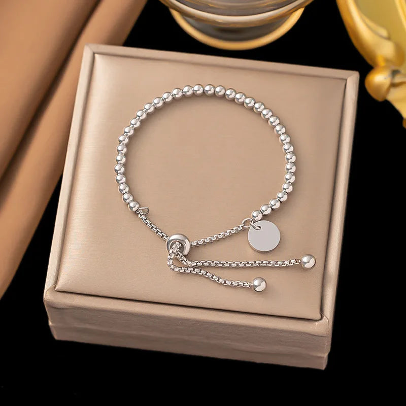 Fashion Stainless Steel Custom Bracelet Letter Tag Ball Beads Adjustable Women's Bracelet Jewelry