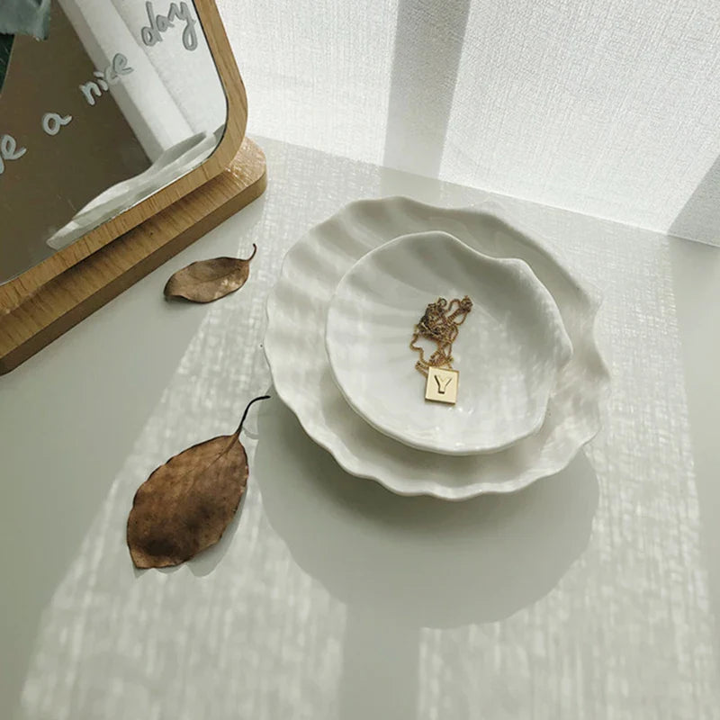 Shell Shaped White Ceramic Plate Jewelry Storage Trays Trays Storage Dishes Ring Earings Plate Home Decorative Tray Design