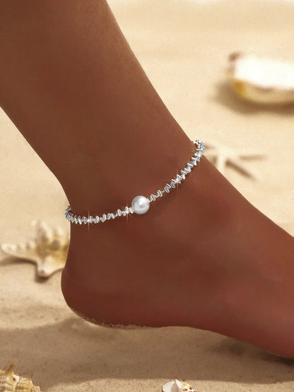 Summer Shiny Sparkling Simple Silver Color Anklet Zircon Cross Love Pearl Double Layer Bracelet On Leg Foot Trendy Beach Jewelry