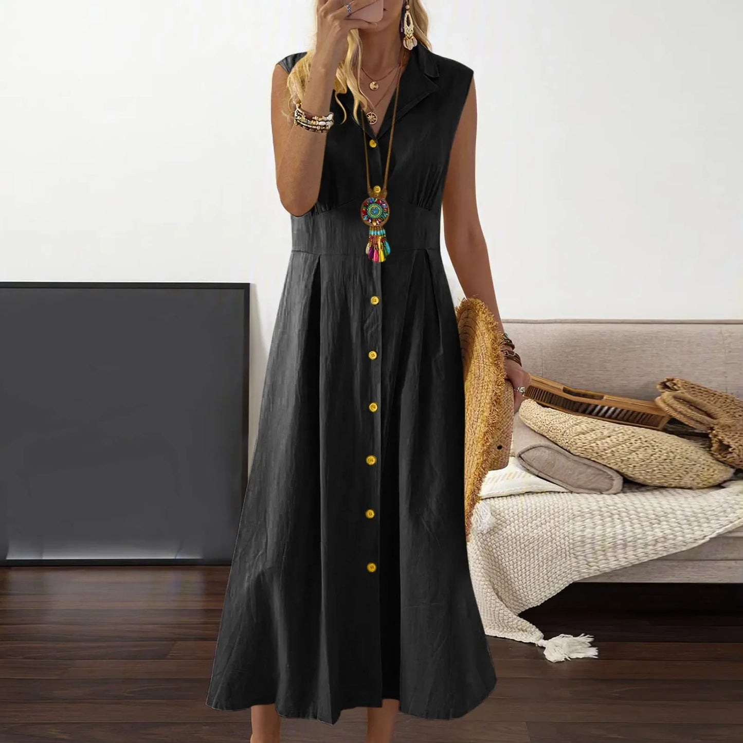 Casual Loose Sleeveless Shirt Dress Solid Color Button Cotton Linen Blend Dress Elegant Vacation Holiday Dresses платье женское
