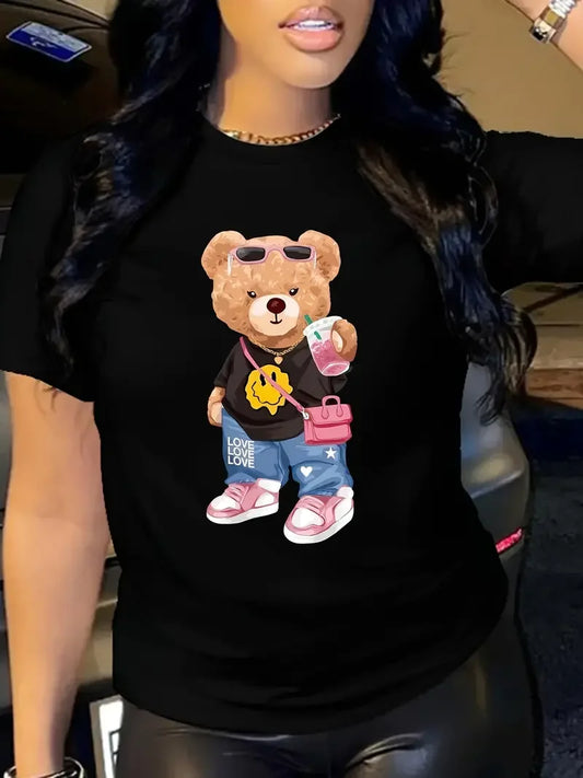 Bear Print T-shirt Short Sleeve Crew Neck Casual Top For Summer Spring Women's Clothing Harajuku Girl and Boy Fashion Clothes