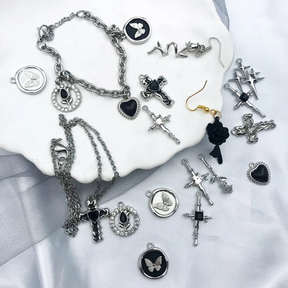 5Pcs Metal Alloy Charms Black Series Sweet and Cool Style Butterfly Cross Flower Shape Pendants Decorations For Jewelry Making