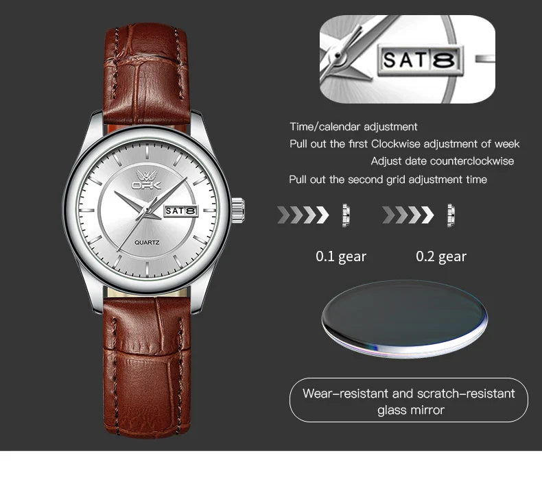 OPK 6022 Women's Watches Elegant Fashion Small Quartz Wristwatch for Ladies Waterproof  Leather Strap Dual Calendar Display