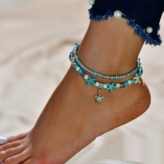 Boho Summer Beach Anklets For Women Turtle Shell Starfish Tree of Life Elephant Ankle Bracelet Multilayer Chain On Foot Jewelry