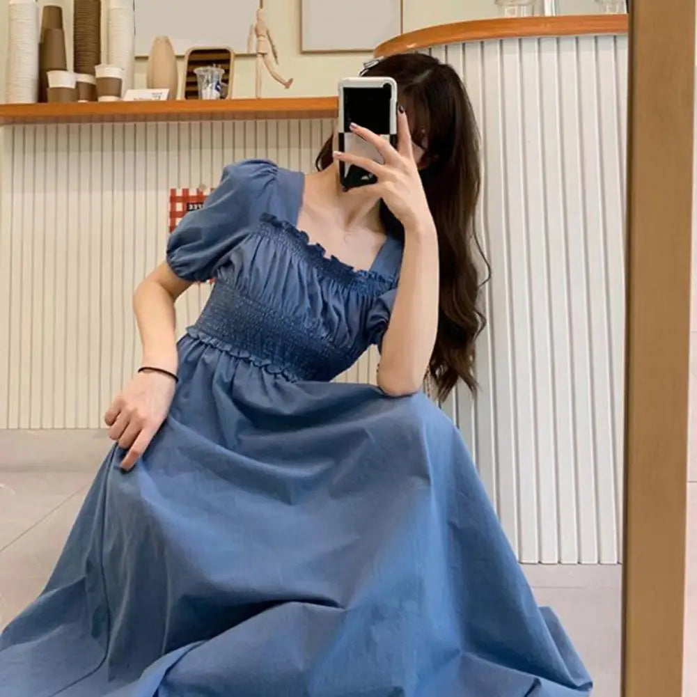 Women Summer Dress Square Neck Bubble Sleeve Shirring Elastic Bust A-line Dress Loose Hem Vintage Mic-calf Length Midi Dress