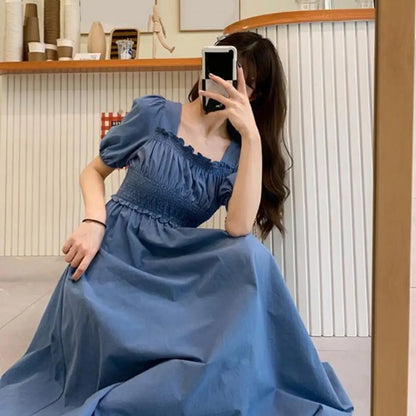 Women Summer Dress Square Neck Bubble Sleeve Shirring Elastic Bust A-line Dress Loose Hem Vintage Mic-calf Length Midi Dress