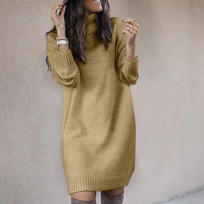 Women Fahsion Sweater Dress Autumn Solid Color Long Sleeve Turtleneck Pullover Mini Dresses Elegant Lady Knitted Party Vestidos