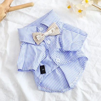 2024 Dog Clothes Bowknot Striped Shirts for Dogs Clothing Cat Small Thin Summer Blue Fashion Boy Girl Chihuahua Pet Products