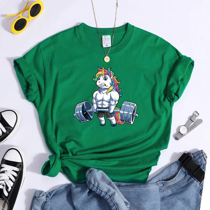 Funny Gym Unicorn Fitness Cute Prints Women T-shirt Summer Casual Short Sleeve Street Loose Breathable Tee Clothes